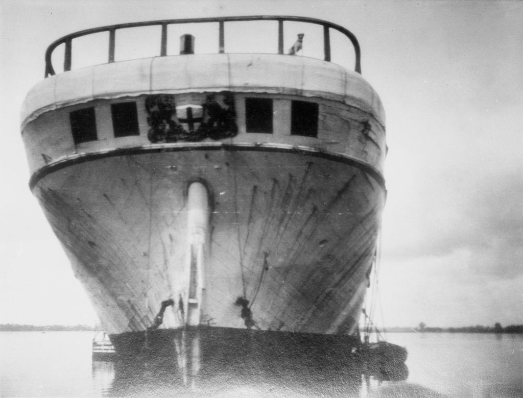 Detail of 'City of Adelaide' (1864) hospital hulk at anchor in Southampton, England: close up of stern by unknown