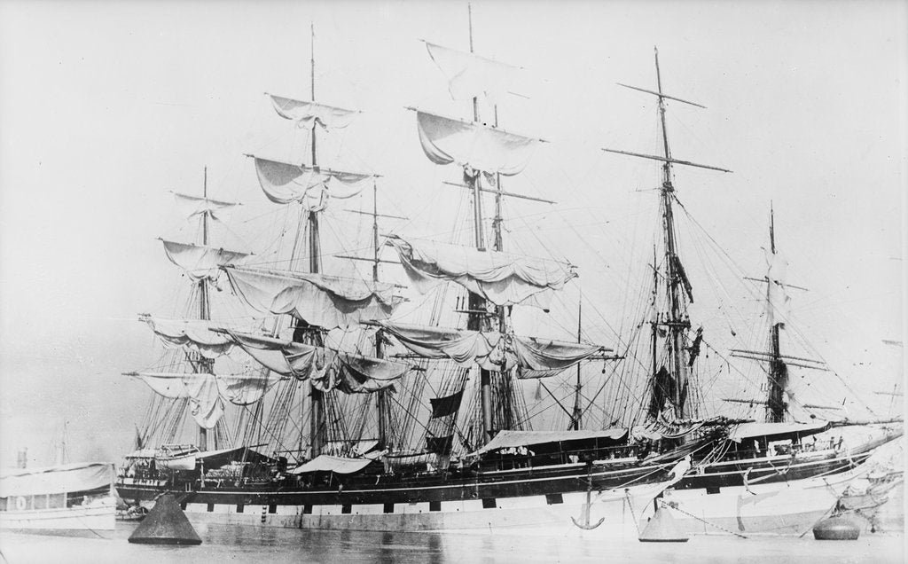 Detail of SS 'Jura' (Br, 1875) drying sails at Hastings Moorings, Calcutta, alongside 'Brenda' (Br, 1877). by unknown