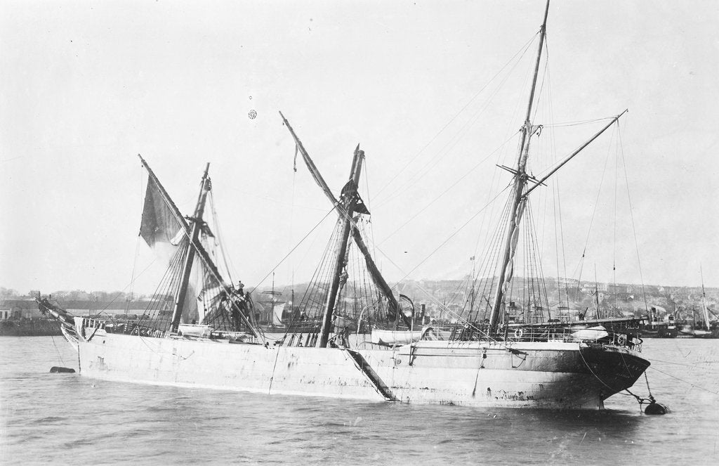 Detail of 'Sussex' (Br, 1866), moored at Falmouth, dismasted, fore and main topmasts lost by unknown