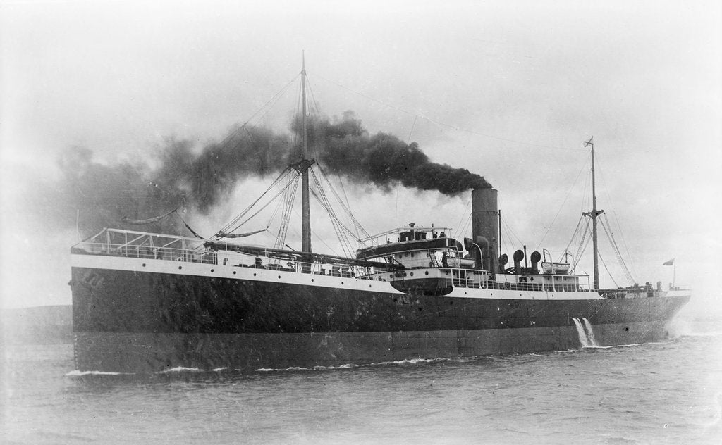 Detail of 'Parana' (Br, 1904) cargo liner, Royal Mail Steam Packet Co., under way by unknown