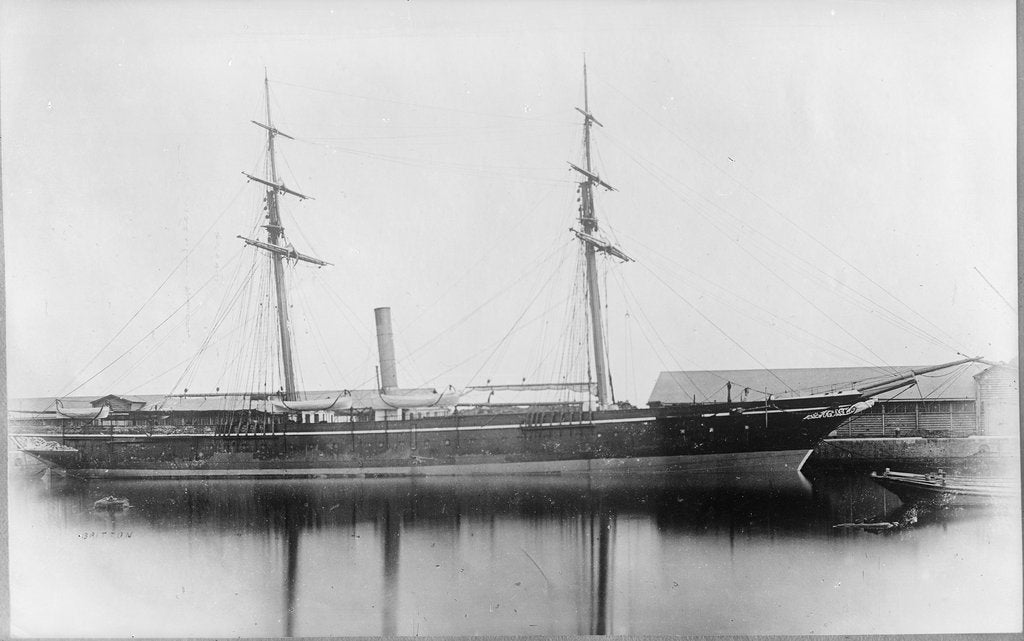 Detail of A starboard broadside view of 'Briton' (1861) at quayside in Southampton by unknown