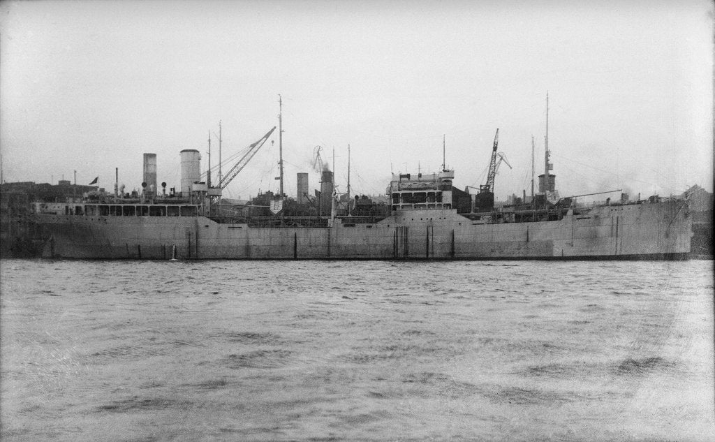 Detail of A starboard broadside view of the tanker 'British Prestige' (1931) lying in port, alongside other vessels by unknown