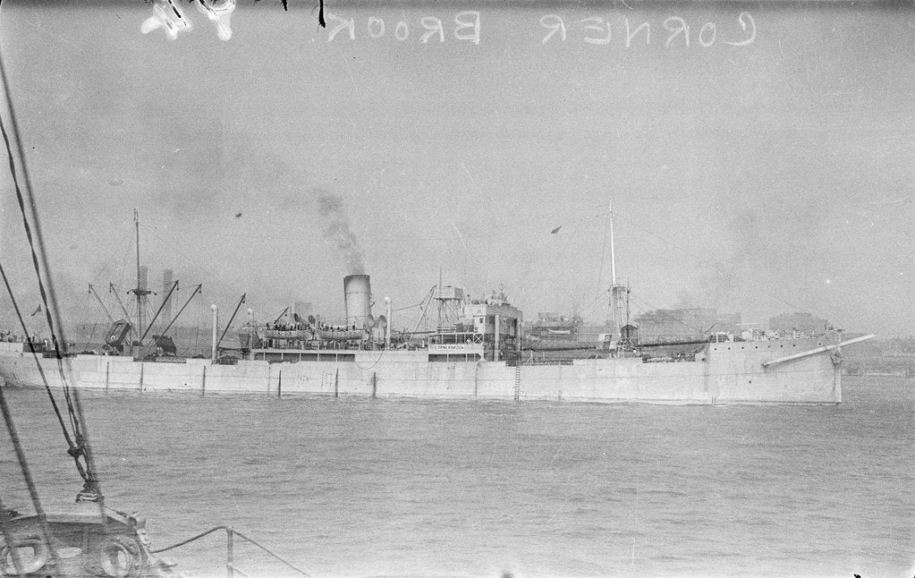 Detail of A starboard near beam from just forward of broadside view of 'Corner Brook' (1925) in port by unknown