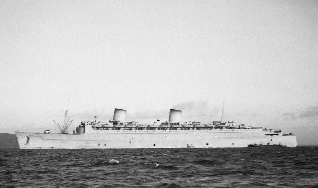 Detail of The 'Queen Elizabeth' (Br, 1940) at anchor, possibly in the River Clyde by unknown