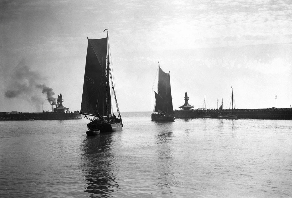 Detail of The trawler 'Prospector' (1893) with an unidentified trawler sailing out of the outer harbour at Lowestoft, Suffolk by Smiths Suitall Ltd.