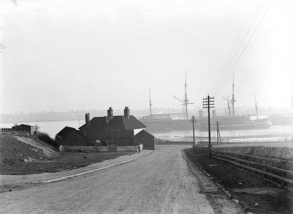 Detail of A view looking over the foreshore of Shotley Gate across the River Stour towards Harwich with the Bristol Arms on the left and the 'Ganges' training ships by Smiths Suitall Ltd.