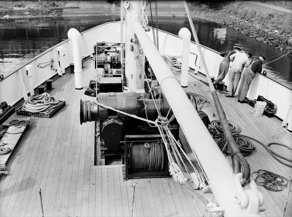 Detail of 'Claymore' (1955) 14th June, looking down, and forward, on to the foredeck, the cargo winch and the windlass by unknown