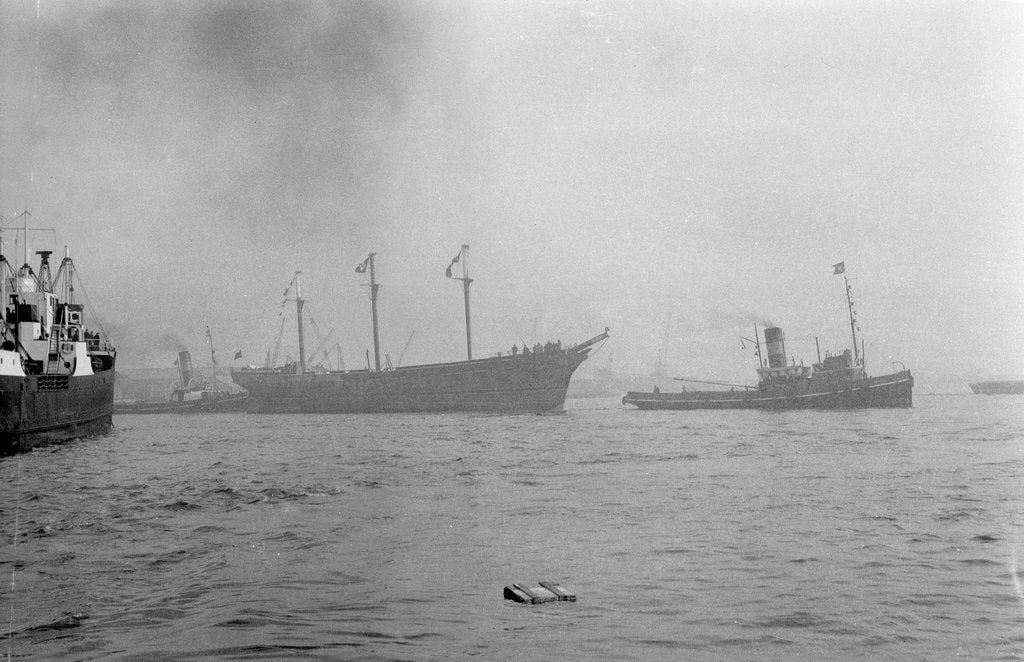 Detail of The clipper ship 'Cutty Sark' (1869) being towed from the East India Dock to Greenwich by the tug 'Gondia' (1927) by unknown