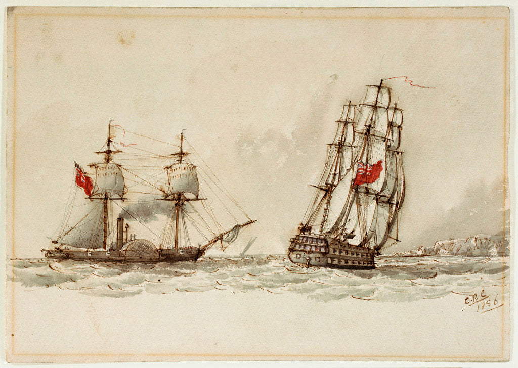 Detail of Paddle steamer and warship off a coast by Anonymous