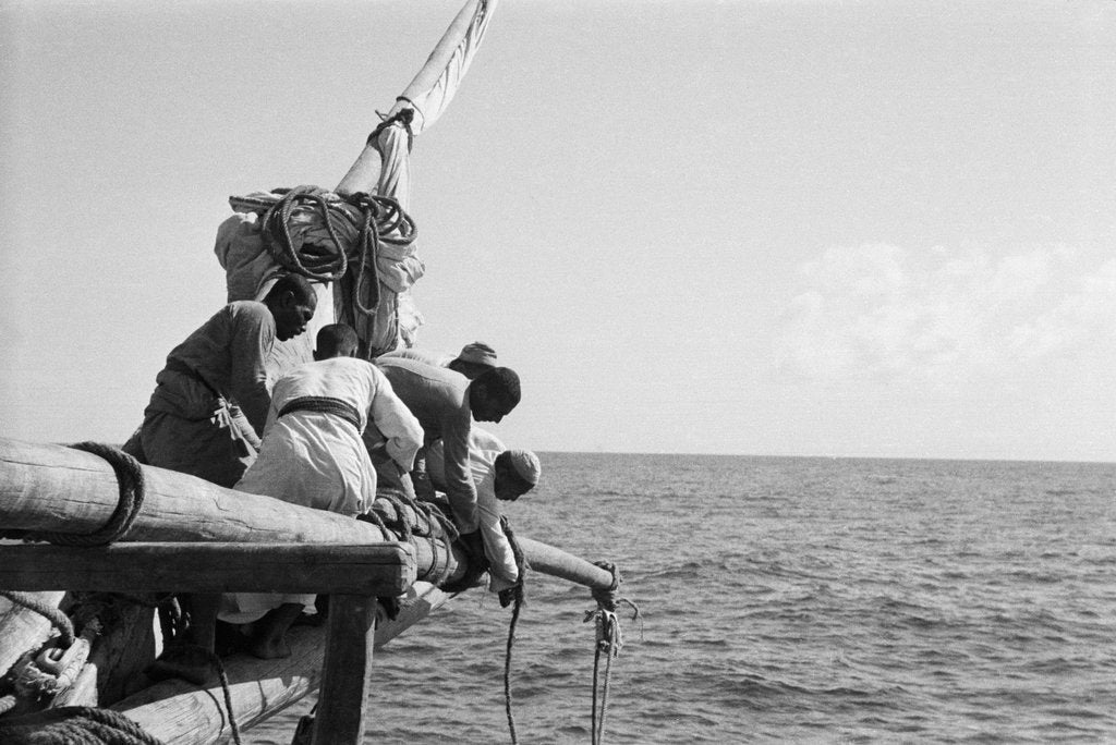 Detail of The crew take soundings on the homeward voyage from Bahrain by Alan Villiers