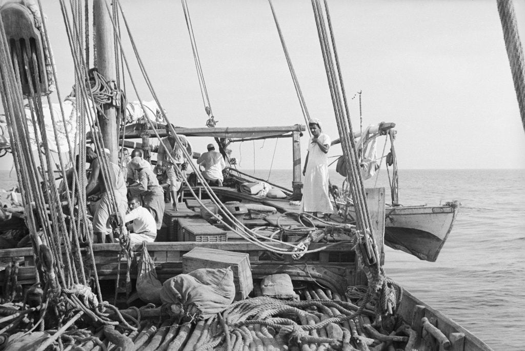 Detail of 'Triumph of Righteousness' bound for Bahrain with her cargo of mangrove poles by Alan Villiers