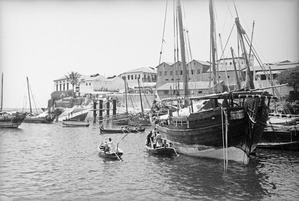 Detail of A boom lies at anchor in port, Mombasa by Alan Villiers
