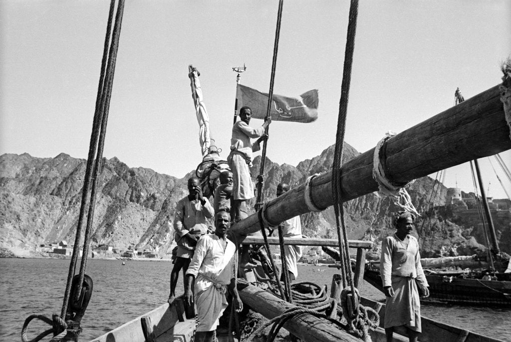 Detail of Flying the Kuwaiti flag into Mutrah Bay by Alan Villiers