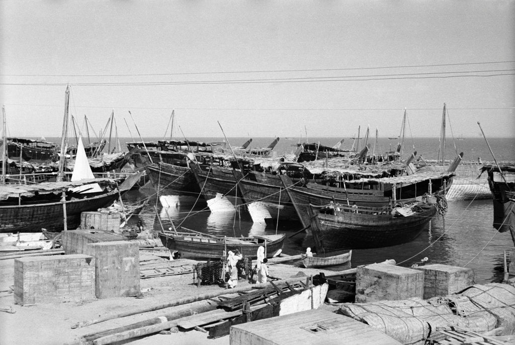 Detail of A line of booms, viewed stern-on by Alan Villiers