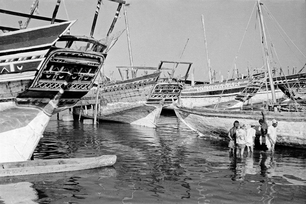 Detail of The foreshore at Jizan, crowded with small coastal vessels by Alan Villiers