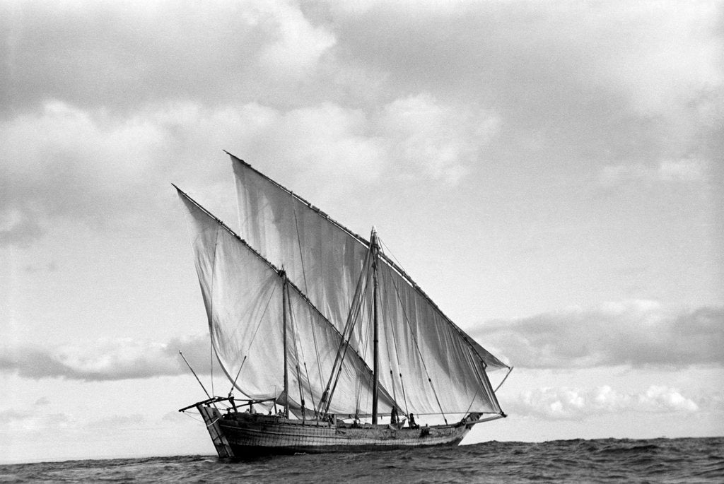 Detail of A lightly laden boom sailing towards Rufiji by Alan Villiers