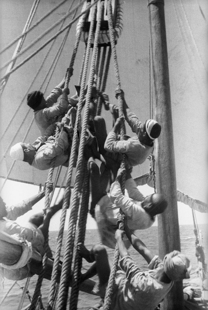 Detail of Sailors climbing the halyard blocks by Alan Villiers
