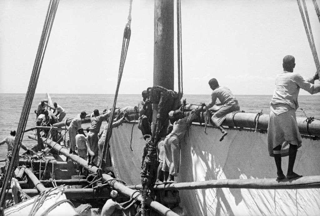 Detail of 'Triumph of Righteousness' crew manoeuvring the mainsail by Alan Villiers