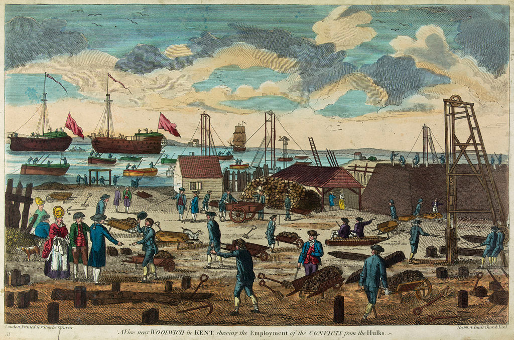 Detail of A view near Woolwich in Kent, shewing the employment of the convicts for the hulks by Carver & Bowles