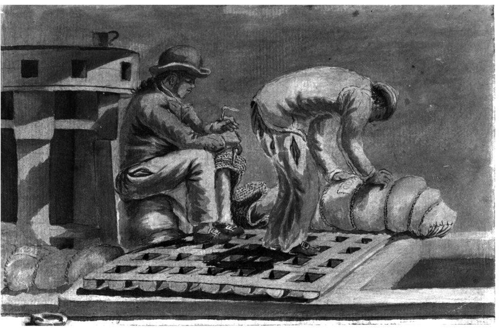 Detail of The sailmaker ticketing the hammocks on board 'Pallas' by Gabriel Bray