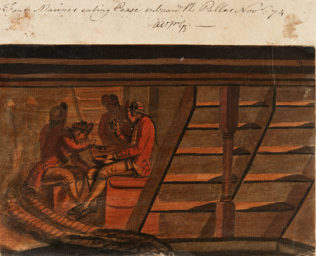 Detail of Four Marines eating Pease on board the Pallas, Novr 74 by Gabriel Bray