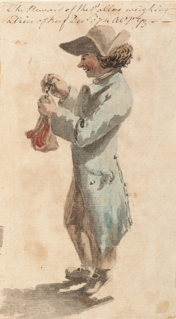 Detail of Bray Album: 'The Steward of the Pallas weighing a Piece of Beef, December 1774' by Gabriel Bray