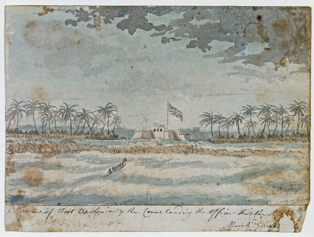 Detail of A View of Fort Apolonia & the canoe landing the officer thro' the Surf, March 1775 by Gabriel Bray