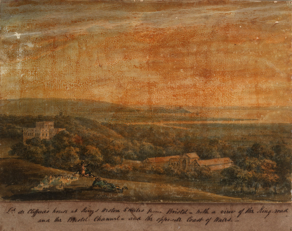Detail of L[or]d de Cliffords house at Kings Weston 5 miles from Bristol - with a View of the King-road and the Bristol Channel - and the opposite coast of Wales by N. F.