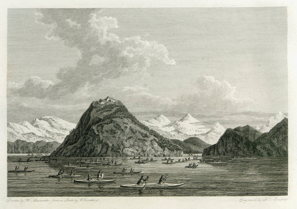 Detail of Islanders canoeing round a small island by William Alexander
