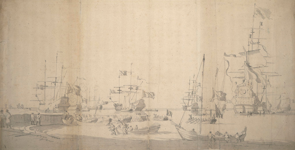 Detail of A weyschuit being hauled ashore in a crowded harbour by Willem van de Velde the Elder