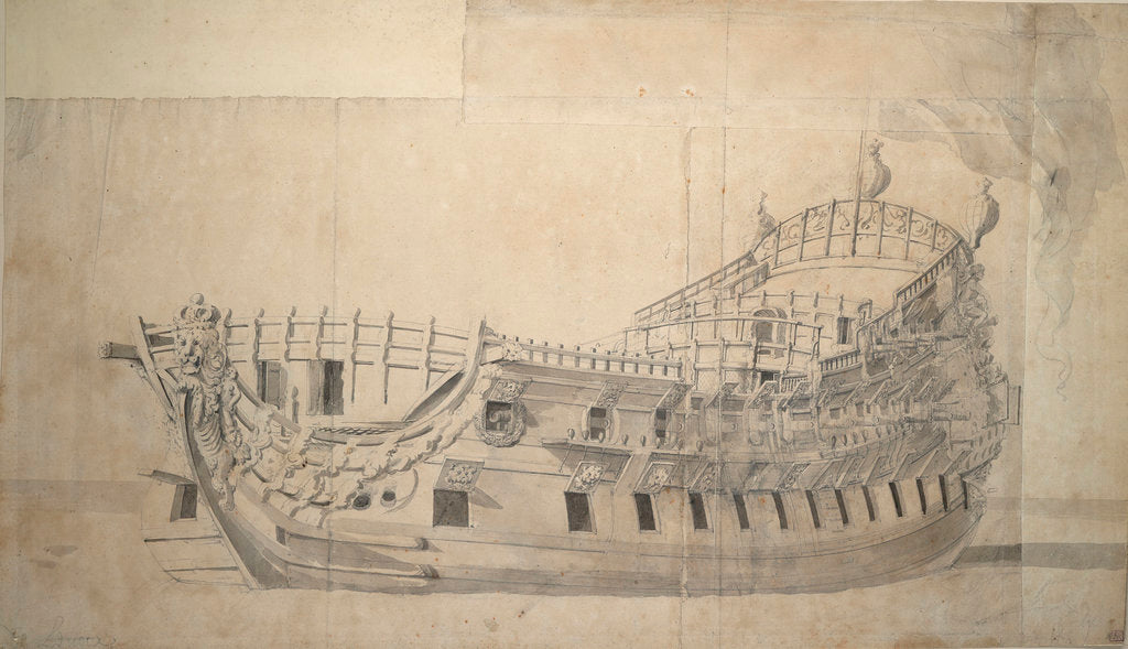 Detail of Portrait of the 'Lennox', 70 guns, built at Deptford in 1678 and rebuilt in 1701 by Willem van de Velde the Elder