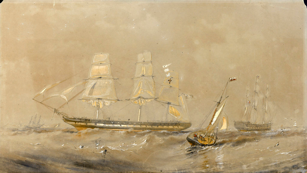 Detail of 'Agamemnon' at sea, a cutter in the foreground by Oswald Walter Brierly
