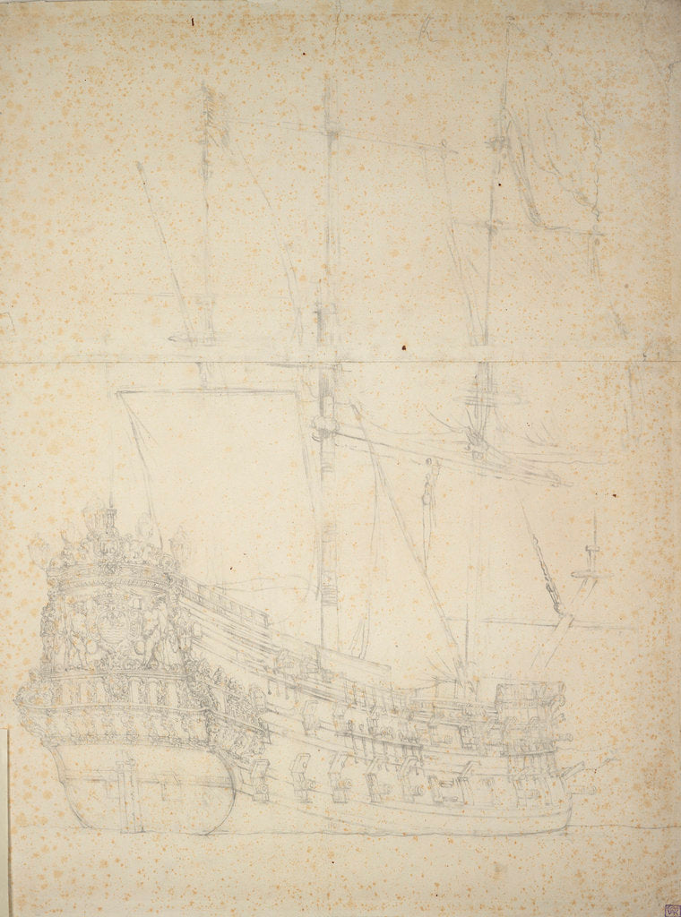 Detail of Portrait of the 'Middelburg'? 40 guns, a ship of the Zeeland Admiralty, built in 1653, and is last mentioned in 1691. by Willem van de Velde the Elder