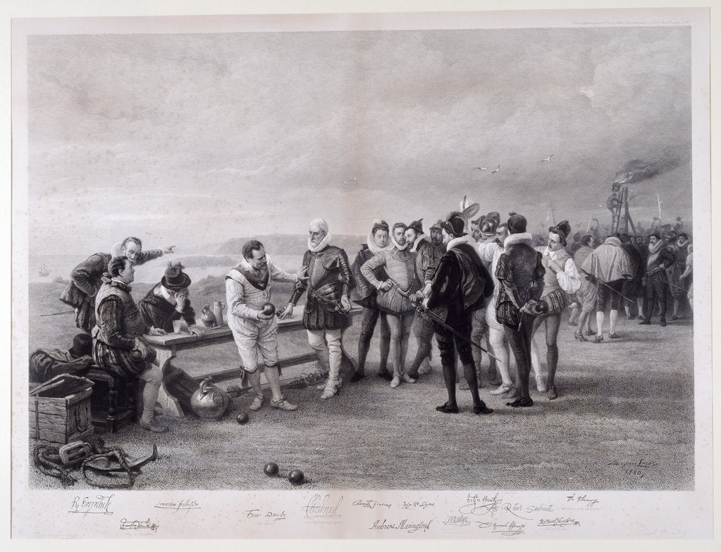 Detail of Francis Drake playing bowls on Plymouth Hoe, as the Spanish Armada is sighted, 1588 by Seymour Lucas