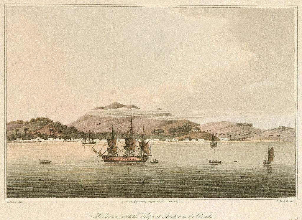 Detail of Mallacca, with the 'Hope' at anchor in the roads by James Wathen