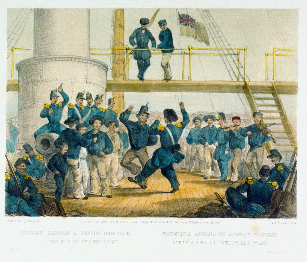 Detail of English sailors & French soldiers. A Dance on board HMS Vulture Augt 7' by Edwin Thomas Dolby