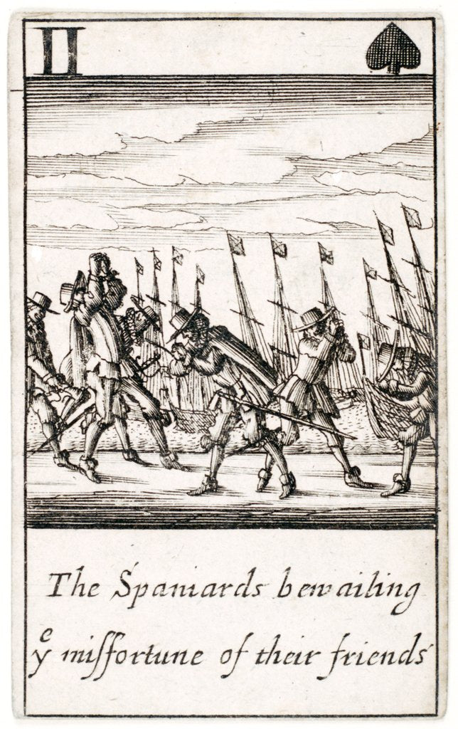 Detail of 1588 Armada Playing Cards, II of Spades. 'The Spaniards bewailing ye missfortune of their friends' by unknown