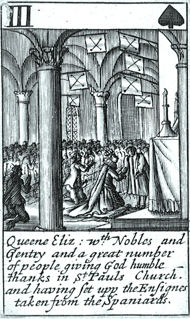 Detail of 1588 Armada Playing Cards, III of Spades. 'Queene Eliz. with Nobles and Gentry and a great number of people giving God humble thanks in St Pauls Church and having set upp the Ensignes taken from the Spaniards' by unknown