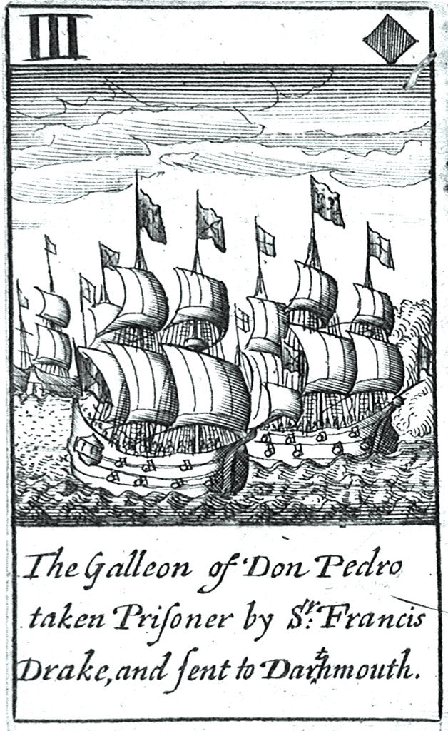 Detail of 1588 Armada Playing Cards, III of Diamonds. 'The Galleon of Don Pedro taken Prisoner by Sr Francis Drake, and sent to Dartmouth' by unknown