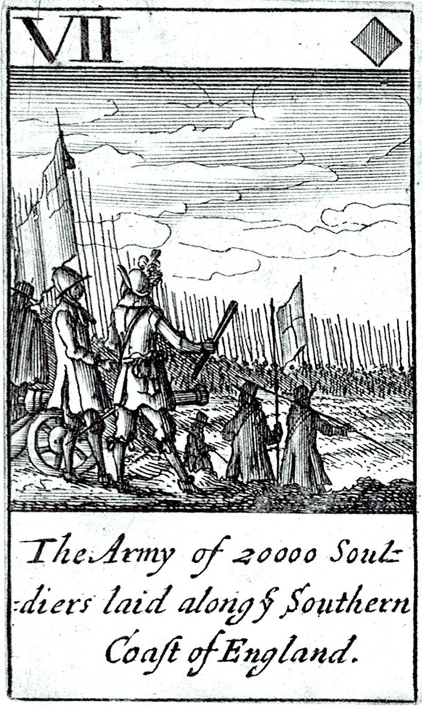 Detail of 1588 Armada Playing Cards, VII of Diamonds. 'The Army of 20000 souldiers laid along ye Southern Coast of England' by unknown
