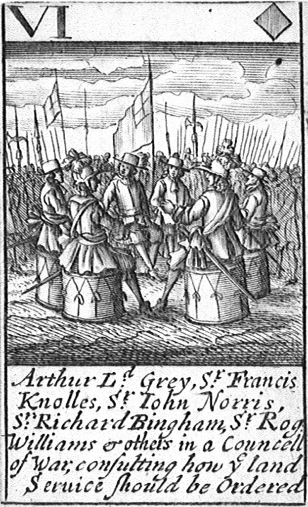 Detail of 1588 Armada Playing Cards, VI of Diamonds. 'Arthur Ld Grey Sr Francis Knolles, Sr John Norris, Sr Richard Bingham, Sr Rog: Williams & others in a Councell of War, consulting how ye land service should be Ordered' by unknown