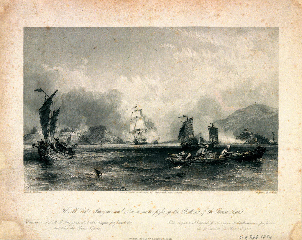 Detail of HMS 'Imogene' and 'Andromache' passing the batteries of the Bocca Tigris by Thomas Allom
