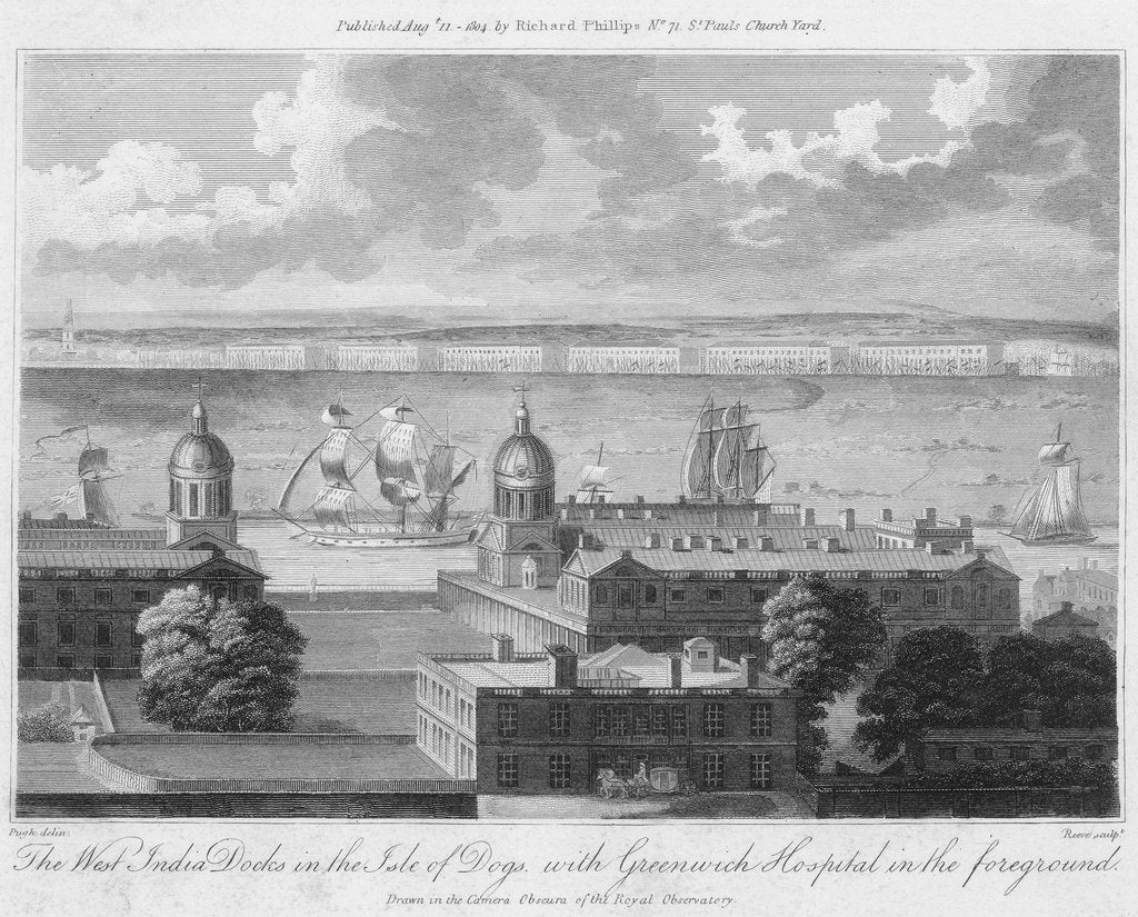 Detail of The West India Docks in the Isle of Dogs, with Greenwich Hospital in the foreground. Drawn in the Camera Obscura of the Observatory. by Pugh