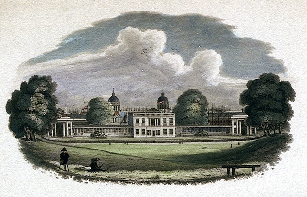 Detail of Royal Naval Asylum from Greenwich Park. Shows scaffolding coming down from completion of Alexander's new East Wing(?) by John Theophilus Lee