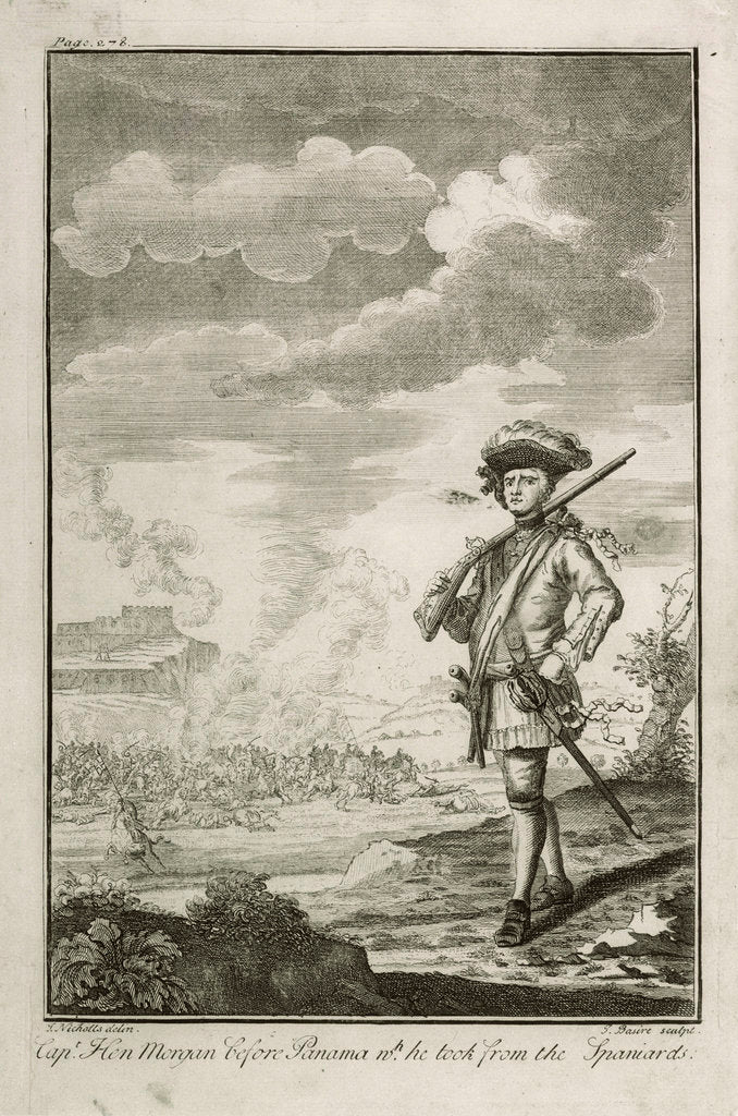 Detail of Capt. Hen Morgan before Panama wh. he took from the Spaniards. Plate to Johnson's History of Highwaymen 1734 by J. Nicholls