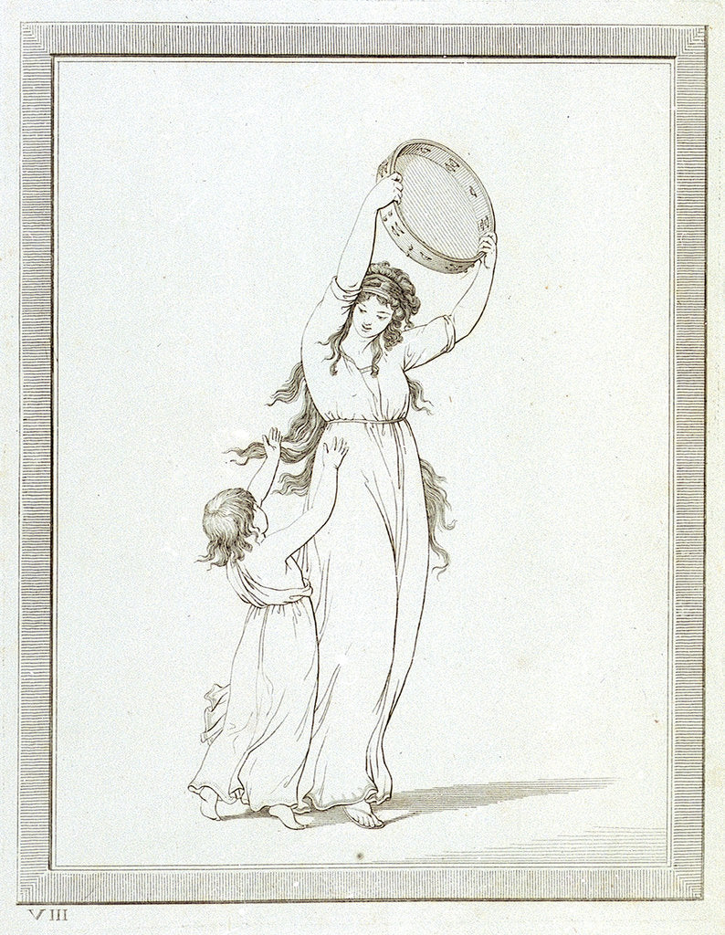 Detail of Lady Emma Hamilton and a child in a classical pose, holding a tambourine above her head by Frederick Rehberg