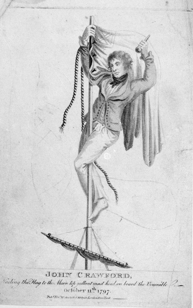Detail of John Crawford, Nailing the Flag to the Main top gallant mast head by H. S. Kirby