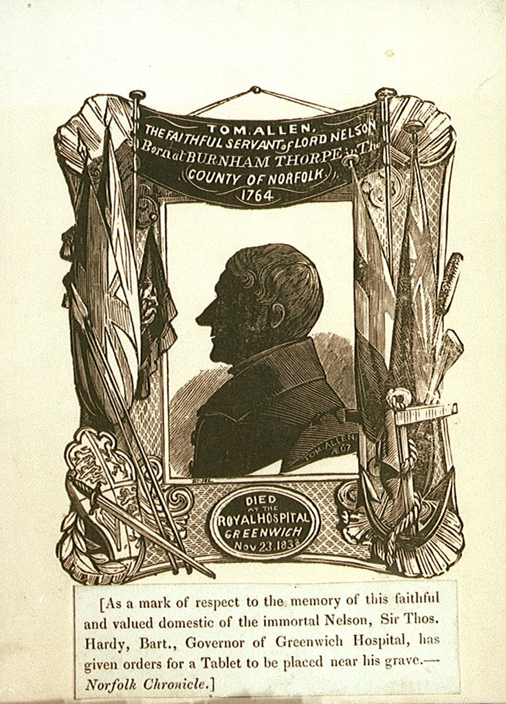 Detail of Tom Allen, the Faithful servant of Lord Nelson Born at Burnham Thorpe in The County of Norfolk, 1764. Died at the Royal Hospital Greenwich Nov 23. 1838 by Earl