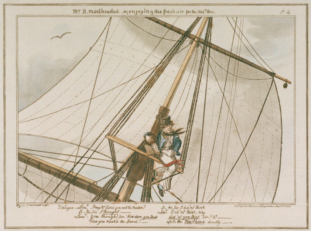 Detail of Midshipman Blockhead, Mr B mastheaded or enjoying the fresh air for the 304th time by George Cruikshank