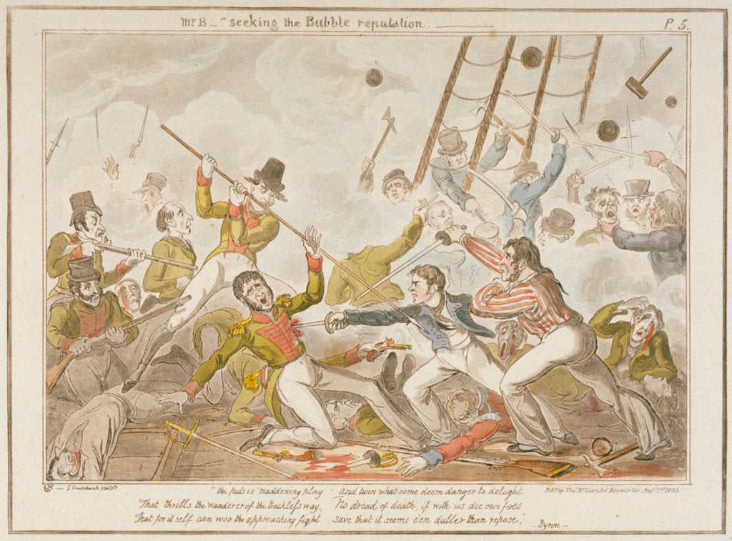 Detail of Midshipman Blockhead, Mr B seeking the Bubble reputation by George Cruikshank